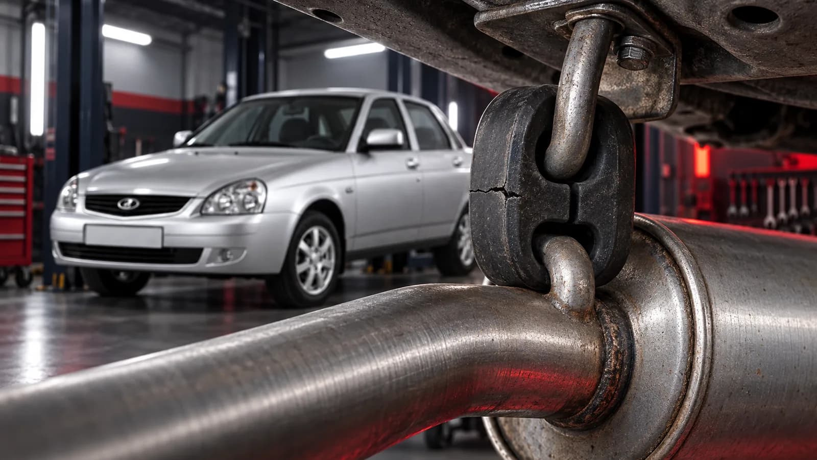 Изношенный резиновый подвес глушителя крупным планом на фоне LADA Priora